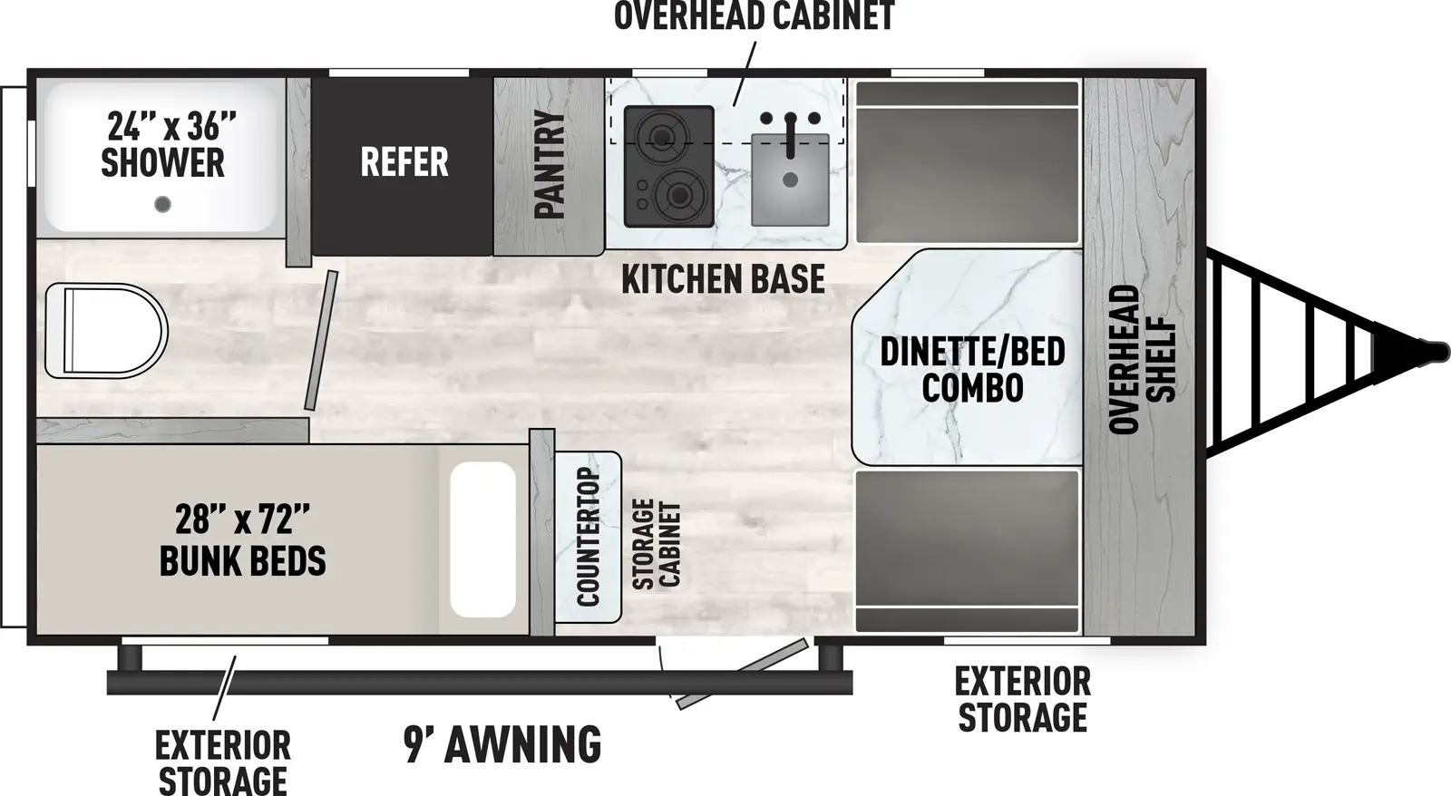 The Clipper Travel Trailers 15CBH has one entry and zero slide outs. Exterior features include: metal exterior and 9' awning. Interiors features include: bunk beds.